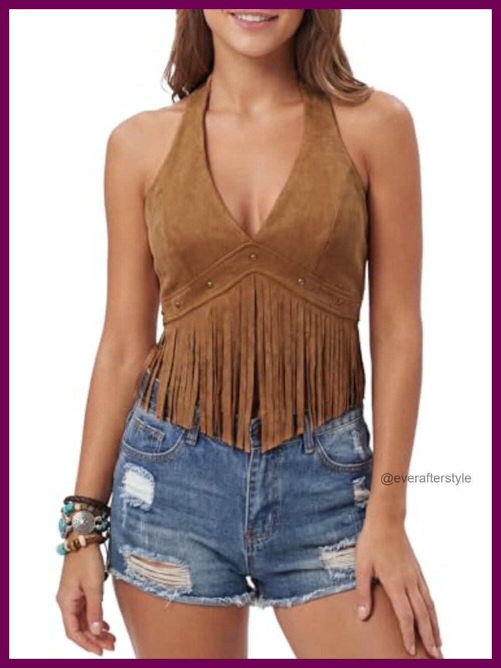 Faux Suede Fringe Halter Crop Top Lace Up Back Western Y2K